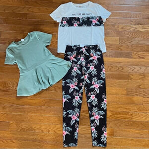 SHEIN Girls Shirt Green Peplum Black Tropical Leggings Short Sleeves 9Y Summer